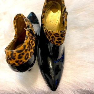 Guess Women black patten leather and animal print bootie. 3 inch heel.